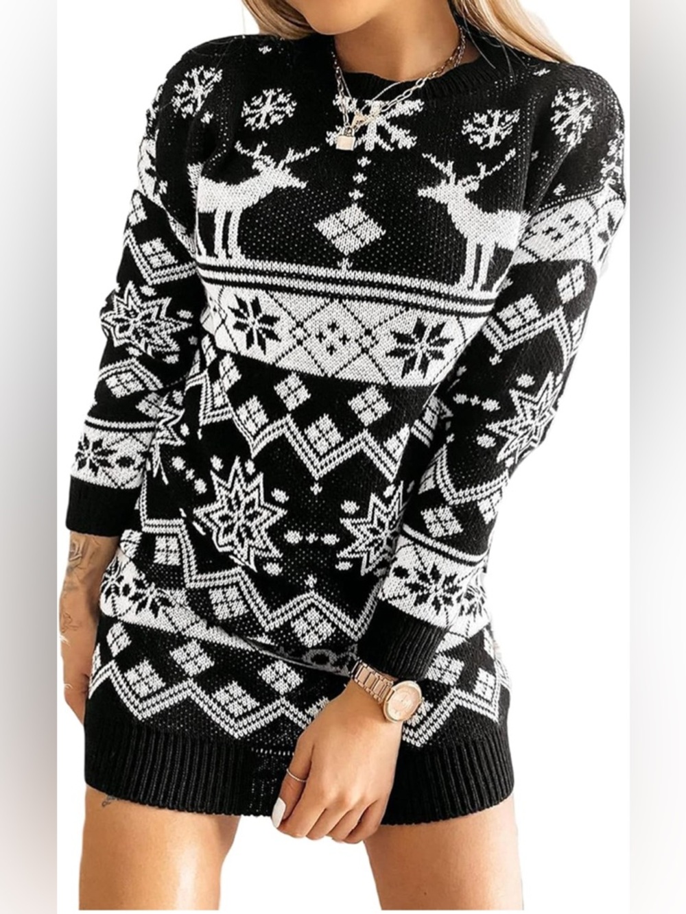 Black & White Nordic Reindeer Knit Sweater Dress